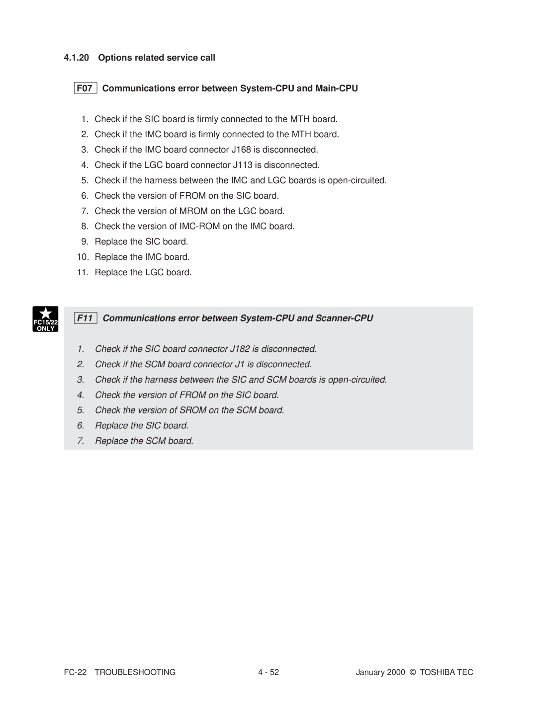 Toshiba FC-22 manual F11 Communications error between System-CPU and Scanner-CPU 