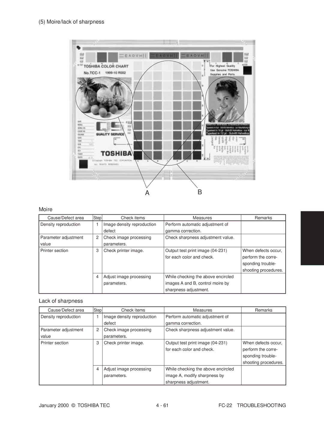 Toshiba FC-22 manual Moire/lack of sharpness, Lack of sharpness 