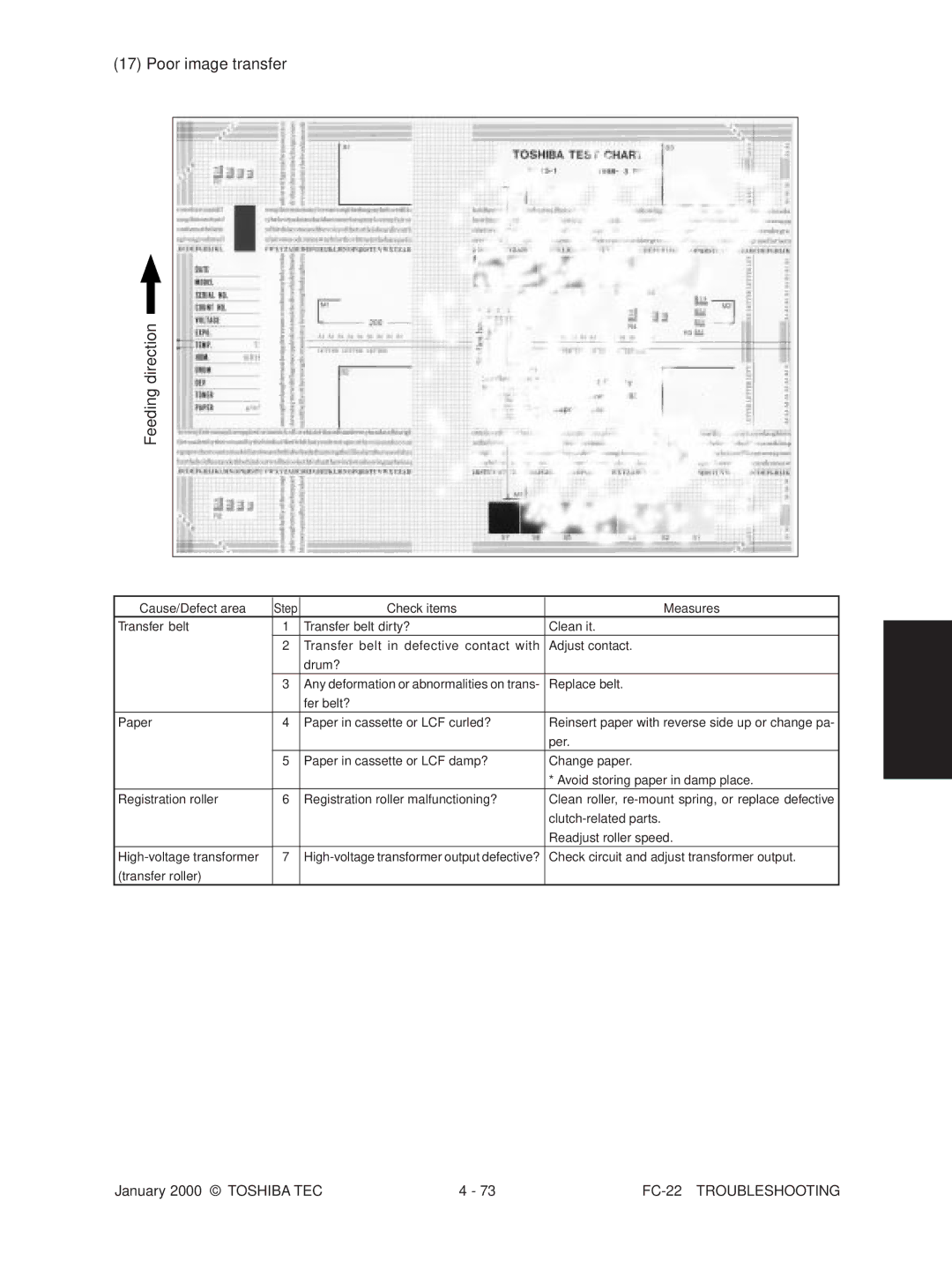 Toshiba FC-22 manual Poor image transfer Feeding direction 