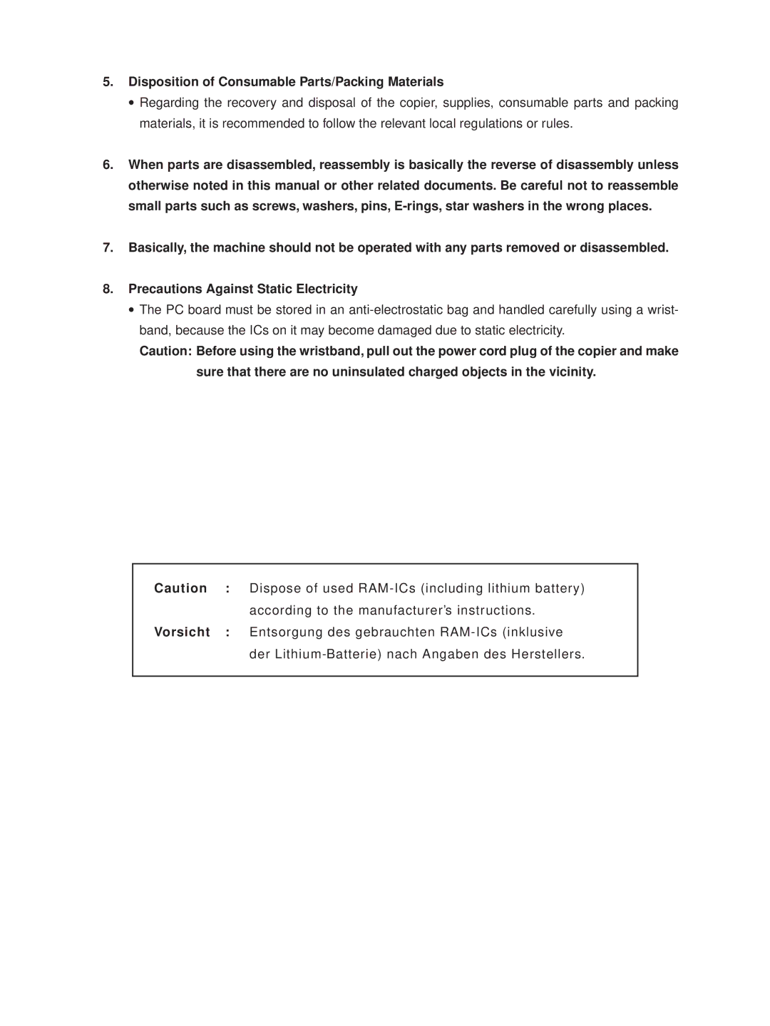 Toshiba FC-22 Disposition of Consumable Parts/Packing Materials, Vorsicht, Entsorgung des gebrauchten RAM-ICs inklusive 