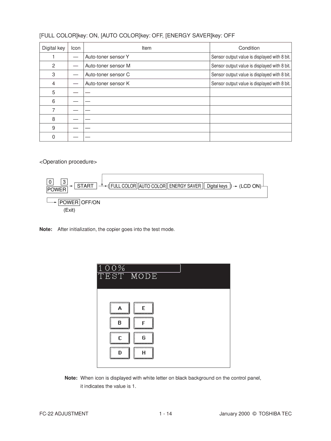 Toshiba FC-22 manual Full COLORkey ON, Auto COLORkey OFF, Energy SAVERkey OFF, Operation procedure 
