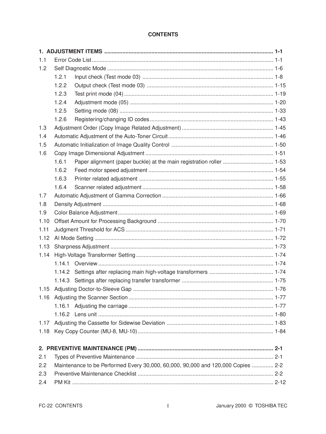 Toshiba FC-22 manual Contents 