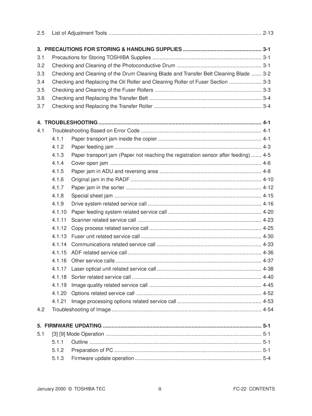 Toshiba FC-22 manual Troubleshooting Based on Error Code, Firmware Updating 