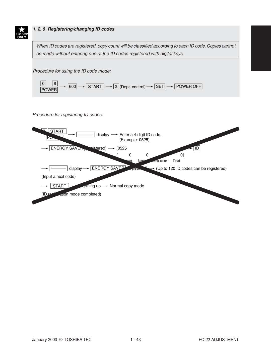 Toshiba FC-22 manual Registering/changing ID codes, Procedure for registering ID codes 