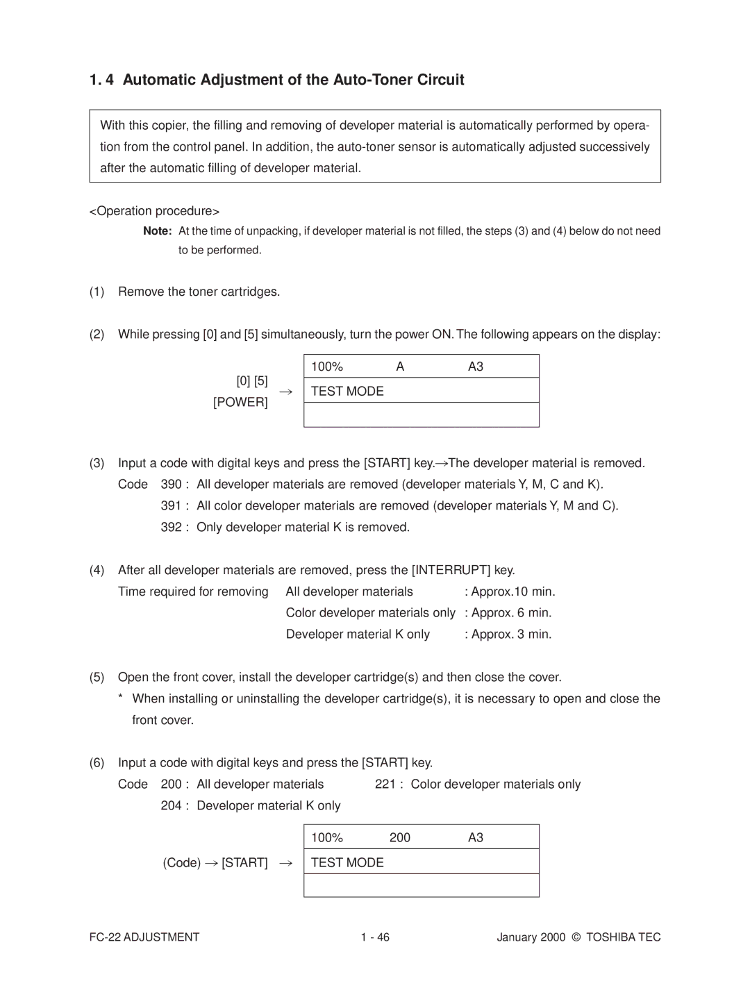 Toshiba FC-22 manual Automatic Adjustment of the Auto-Toner Circuit, 100% AA3 