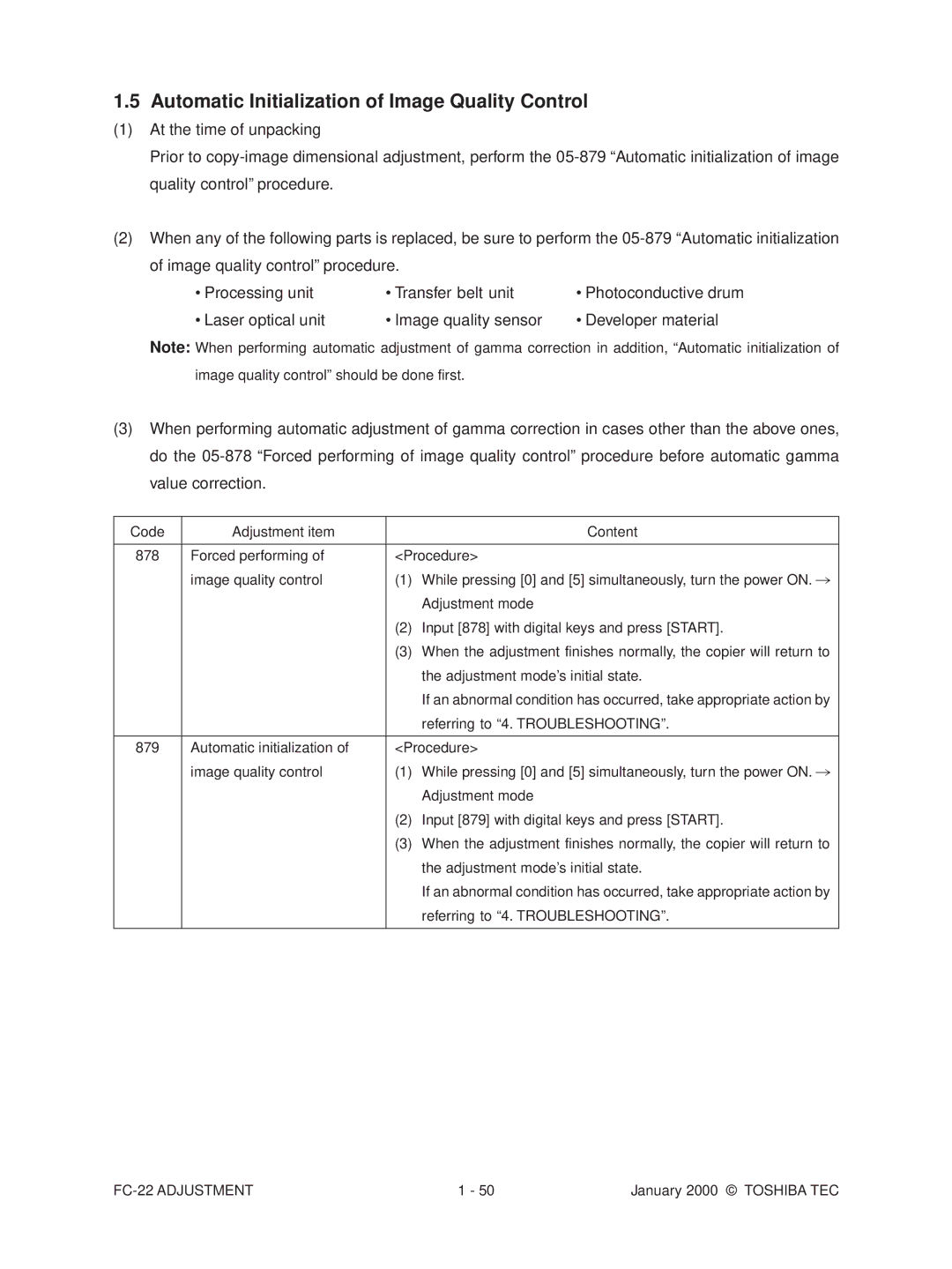 Toshiba FC-22 manual Automatic Initialization of Image Quality Control 