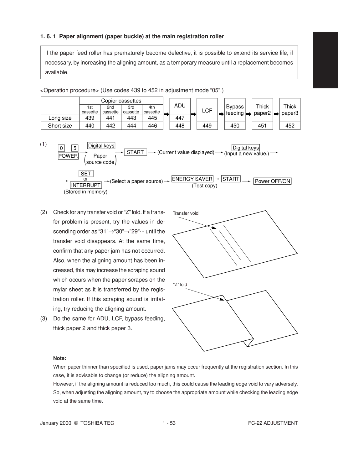 Toshiba FC-22 manual Long size 439 441 443 445 Short size 440 442 444 446, 447 448, 449, Thick paper2 451 Thick paper3 452 