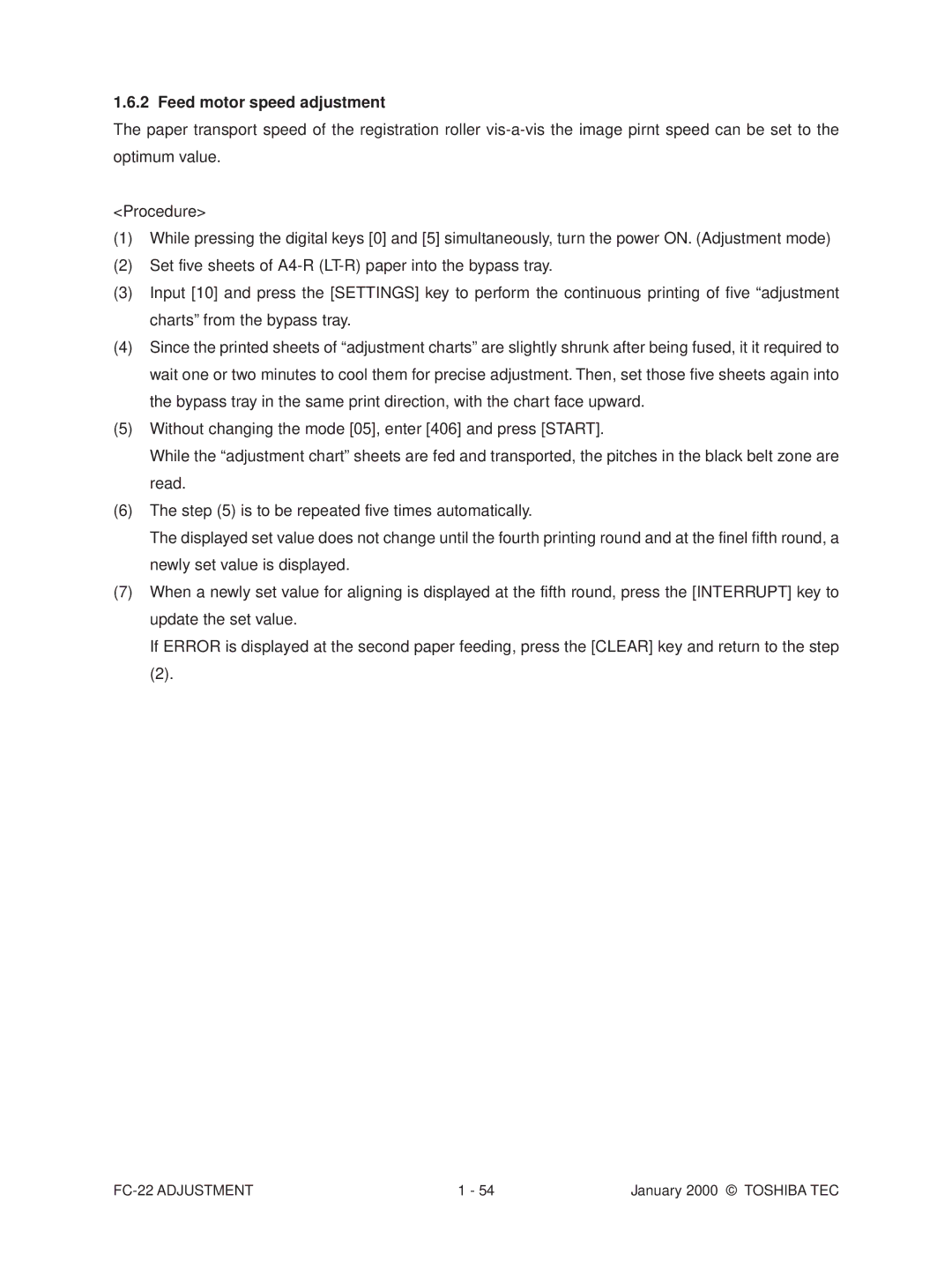 Toshiba FC-22 manual Feed motor speed adjustment 