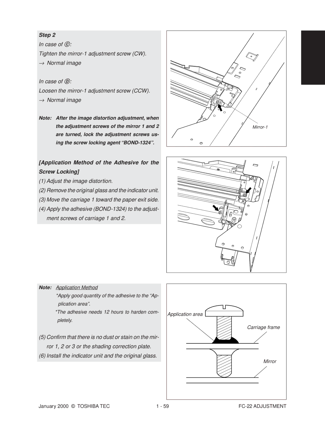 Toshiba FC-22 manual Application Method of the Adhesive for Screw Locking, Application area Carriage frame Mirror 