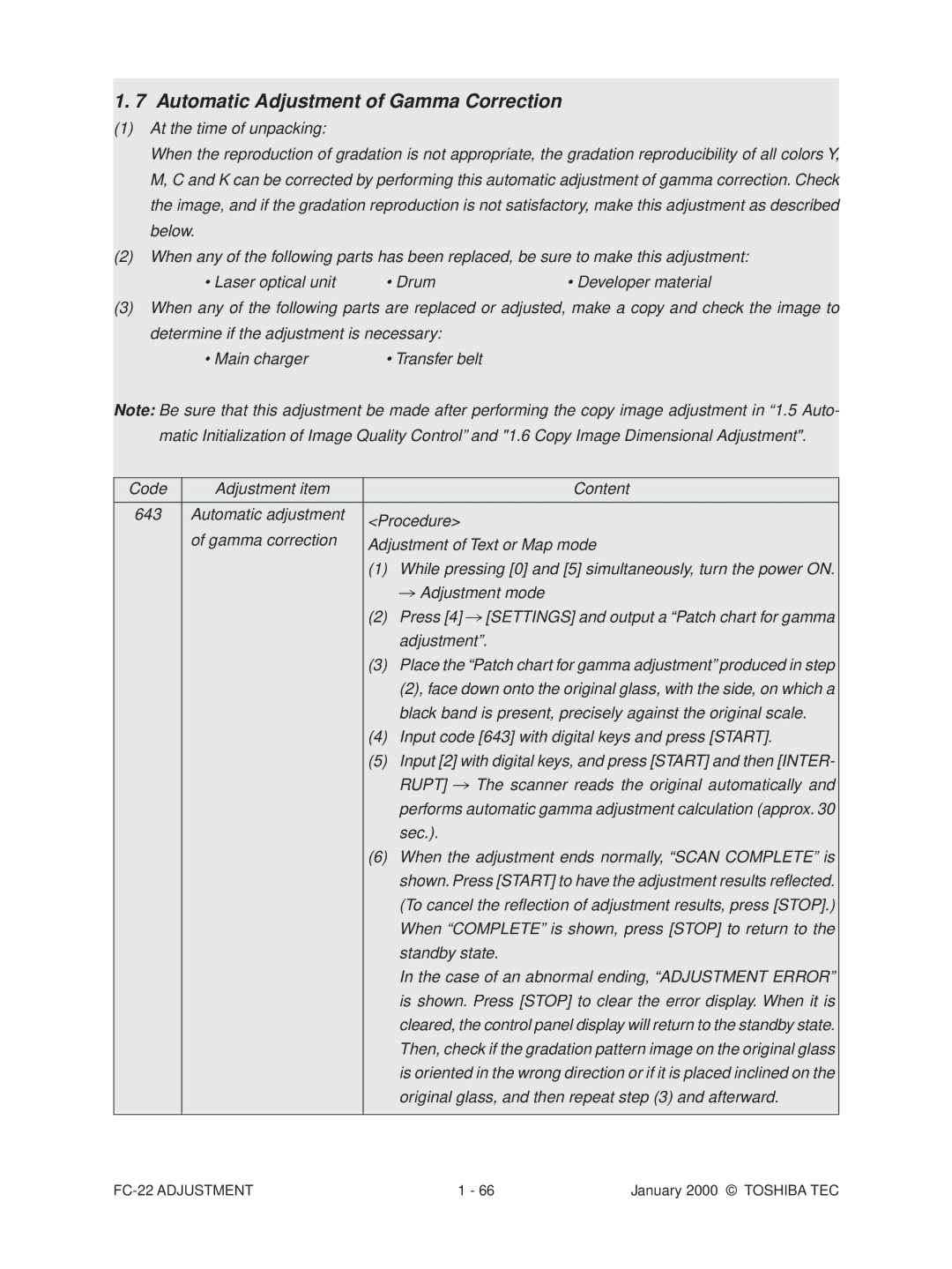 Toshiba FC-22 manual Transfer belt, Place the Patch chart for gamma adjustment produced in step 