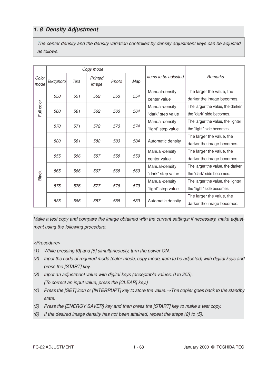 Toshiba FC-22 manual Remarks, 550 551, Manual-density, Full Dark step value Dark side becomes 570 571 