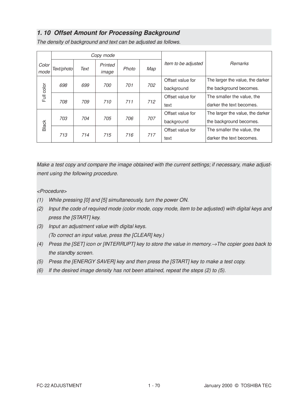 Toshiba FC-22 manual Copy mode Item to be adjusted Remarks, Color 698 699, Offset value for, Background Background becomes 