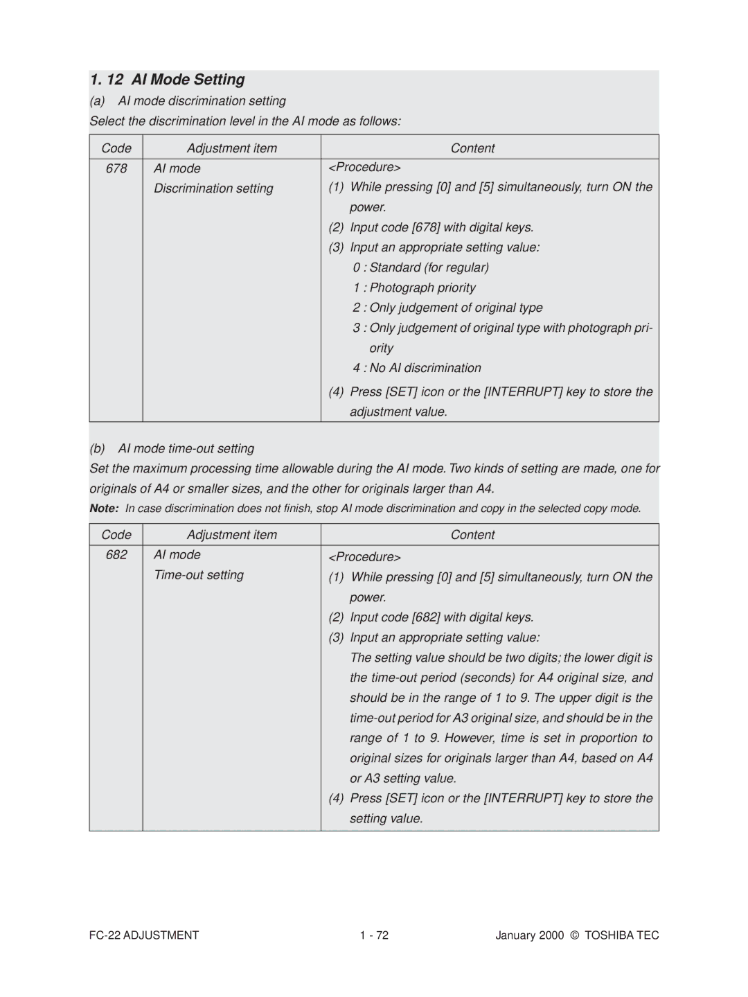 Toshiba FC-22 manual AI Mode Setting 