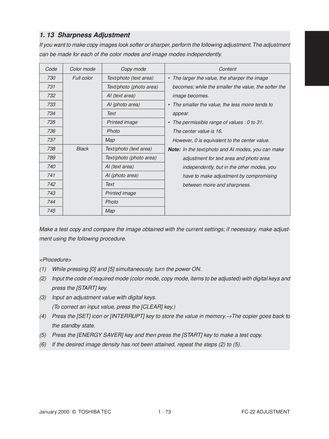 Toshiba FC-22 manual Code Color mode Copy mode Content, AI text area Image becomes, Text Appear, Photo Center value is 