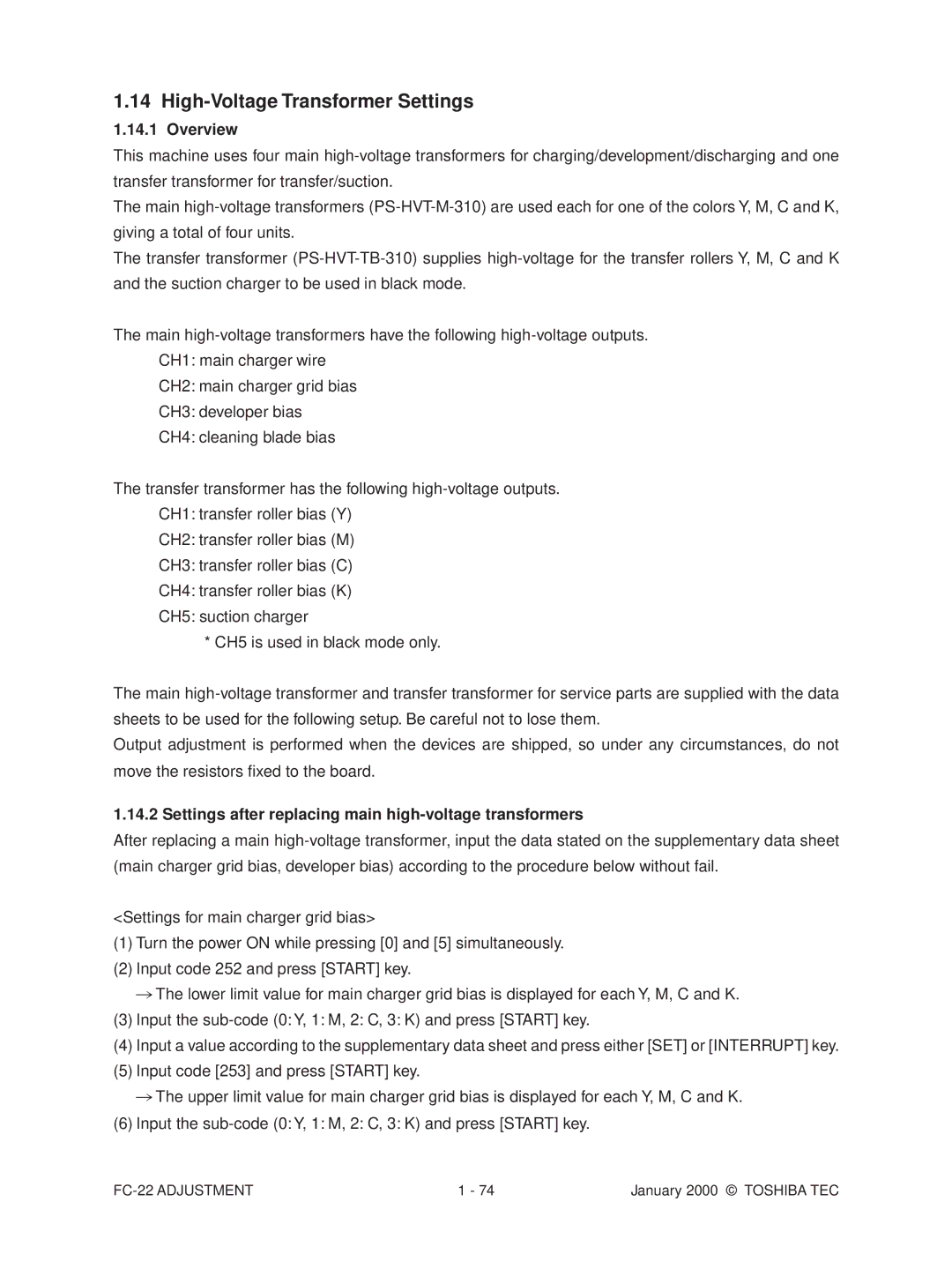 Toshiba FC-22 manual High-Voltage Transformer Settings, Overview, Settings after replacing main high-voltage transformers 