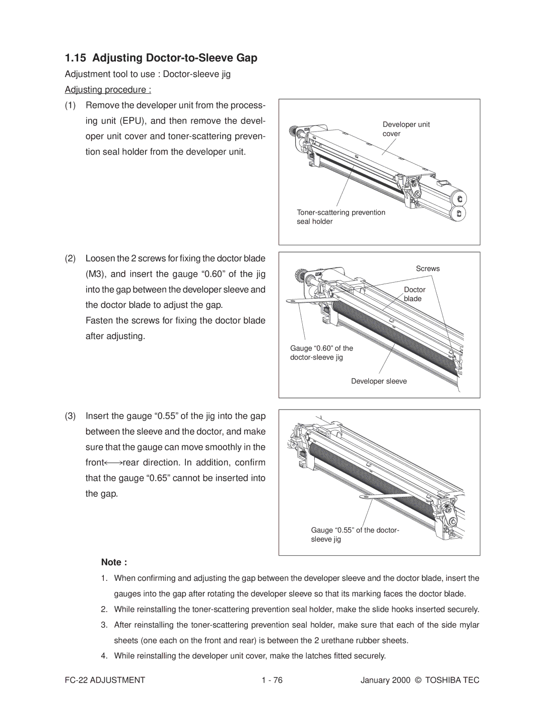 Toshiba FC-22 manual Adjusting Doctor-to-Sleeve Gap 