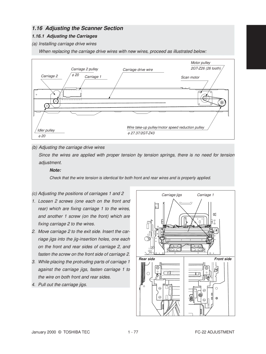 Toshiba FC-22 manual Adjusting the Scanner Section, Adjusting the Carriages 