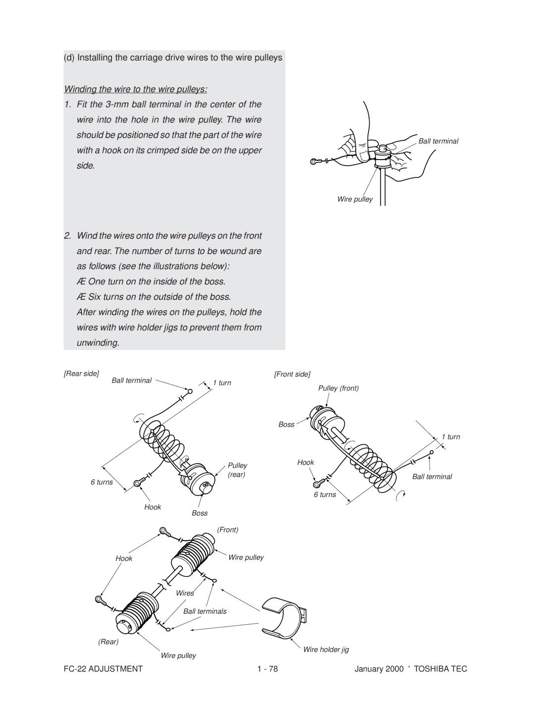 Toshiba FC-22 manual Installing the carriage drive wires to the wire pulleys 