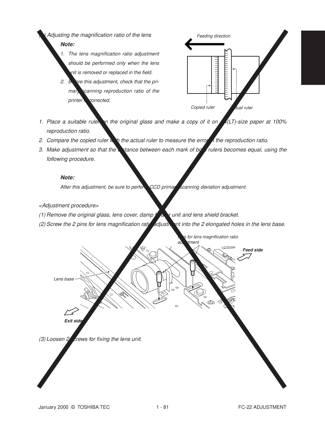 Toshiba FC-22 manual Loosen 2 screws for fixing the lens unit 