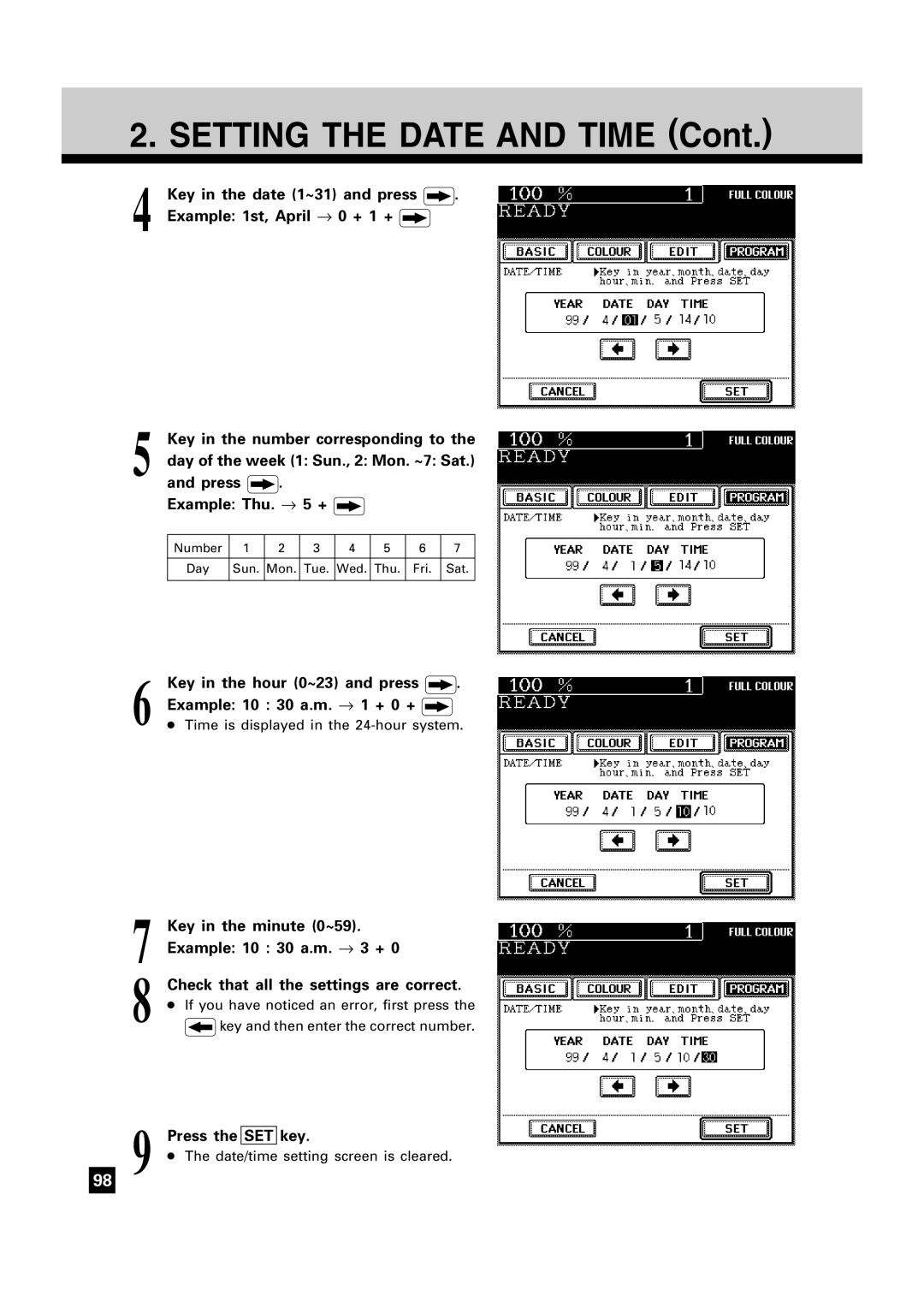 Toshiba FC15, FC22 manual Setting the Date and Time, Key in the hour 0~23 and press Example 10 30 a.m. → 1 + 0 + 