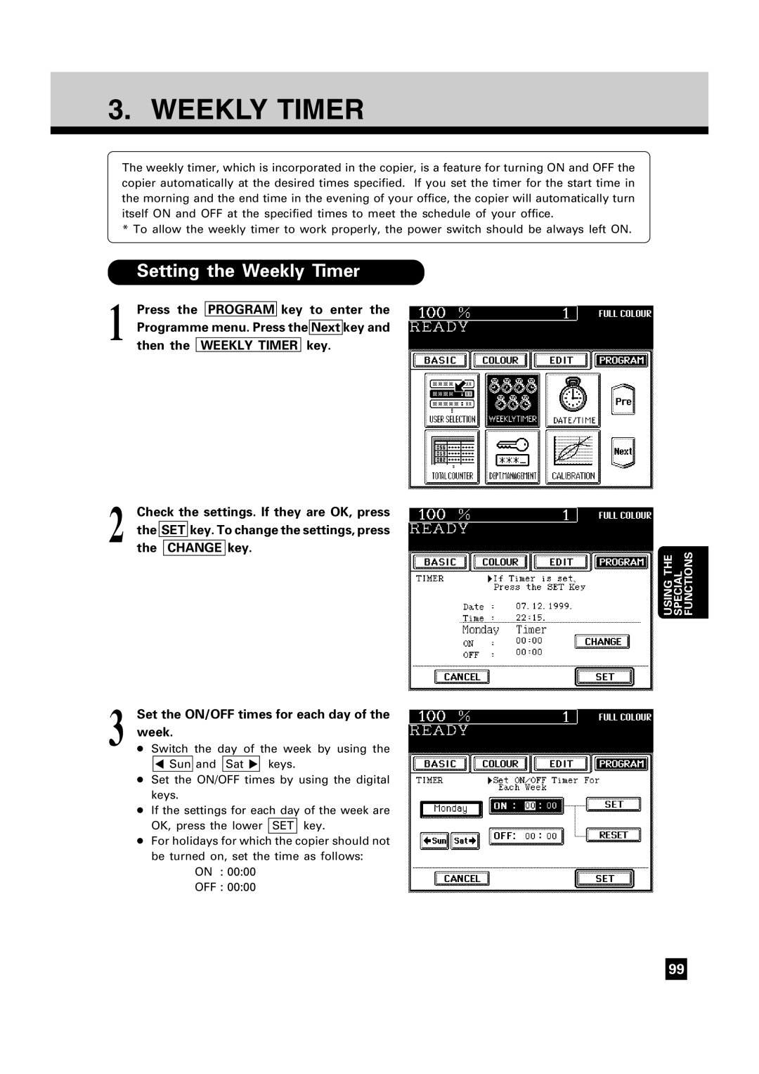 Toshiba FC22, FC15 manual Setting the Weekly Timer 