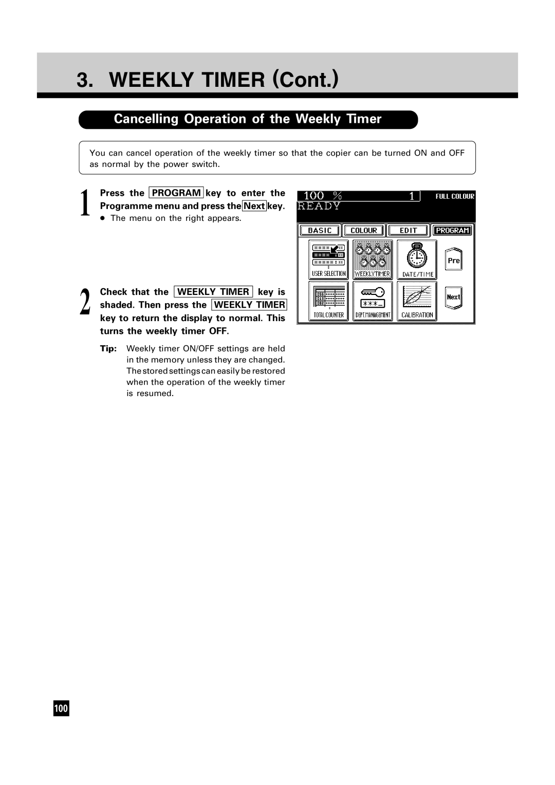 Toshiba FC15, FC22 manual Cancelling Operation of the Weekly Timer 