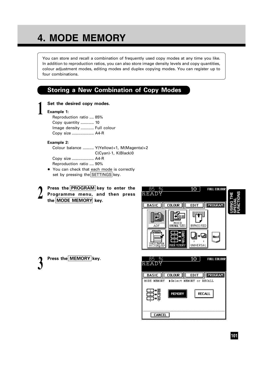 Toshiba FC22, FC15 manual Mode Memory, Storing a New Combination of Copy Modes, Program 