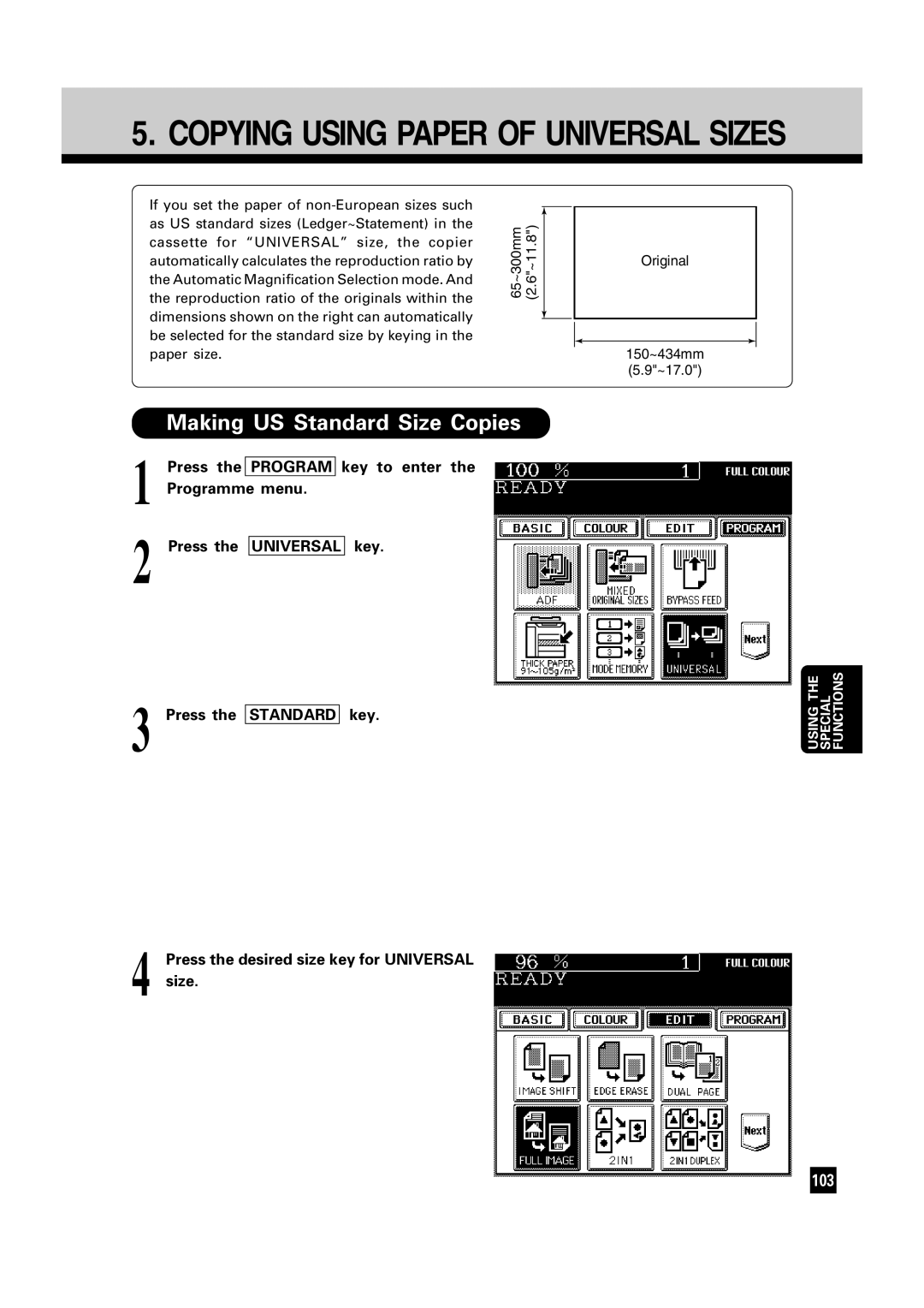 Toshiba FC22, FC15 manual Making US Standard Size Copies, Press the desired size key for Universal 