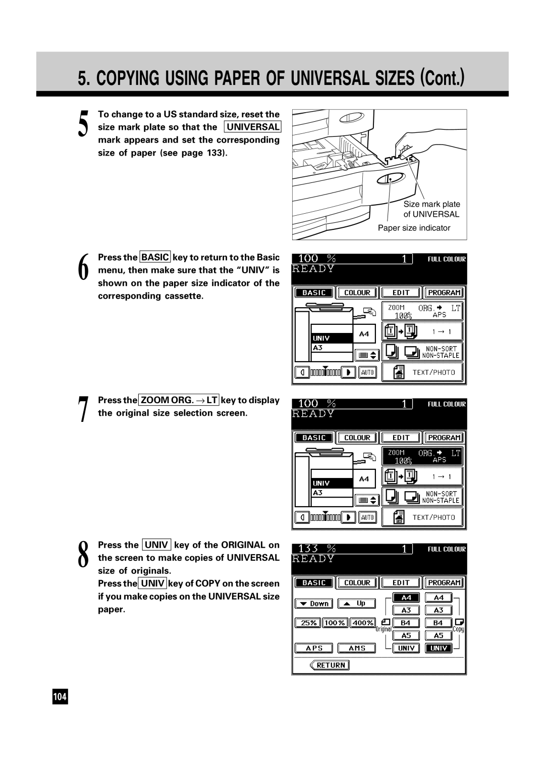 Toshiba FC15, FC22 manual Size mark plate so that the Universal, Mark appears and set the corresponding, Size of paper see 