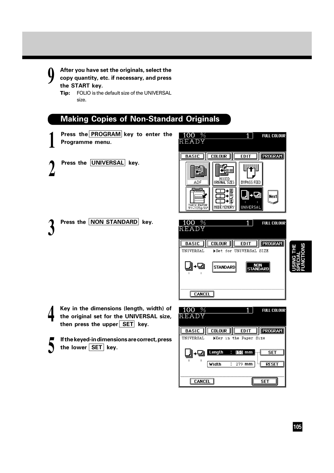 Toshiba FC22, FC15 After you have set the originals, select, Copy quantity, etc. if necessary, and press, Programme menu 