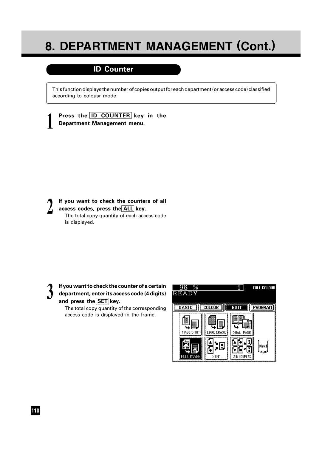 Toshiba FC15, FC22 manual Department Management, ID Counter 