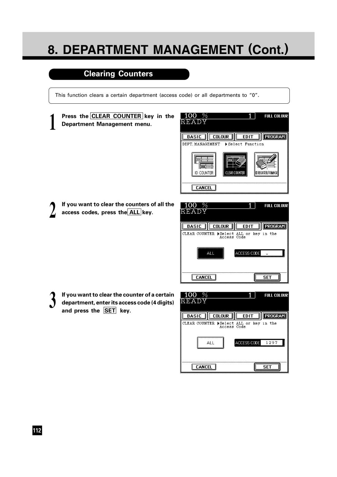 Toshiba FC15, FC22 manual Clearing Counters, All, If you want to clear the counter of a certain 