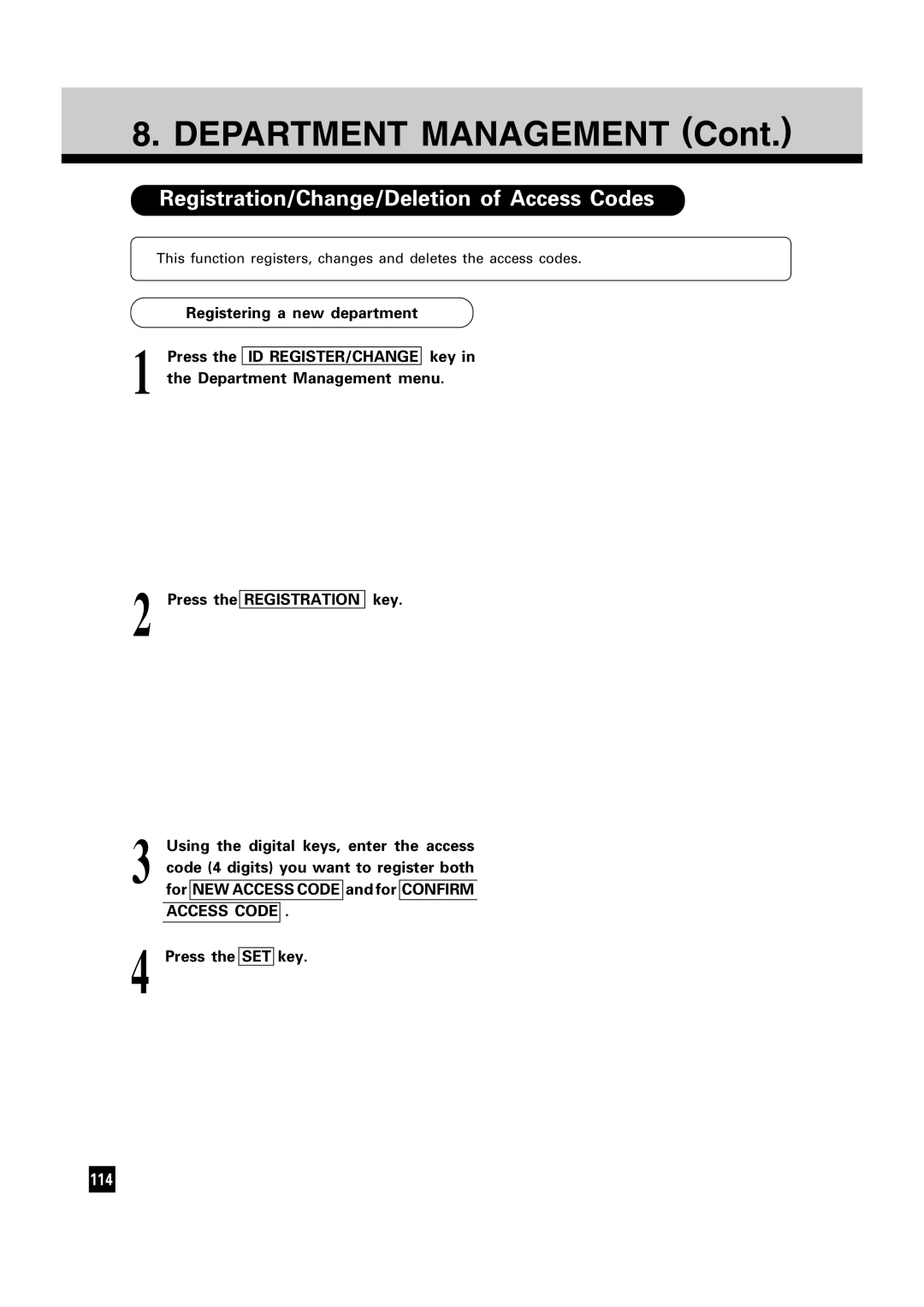 Toshiba FC15, FC22 manual Registration/Change/Deletion of Access Codes 