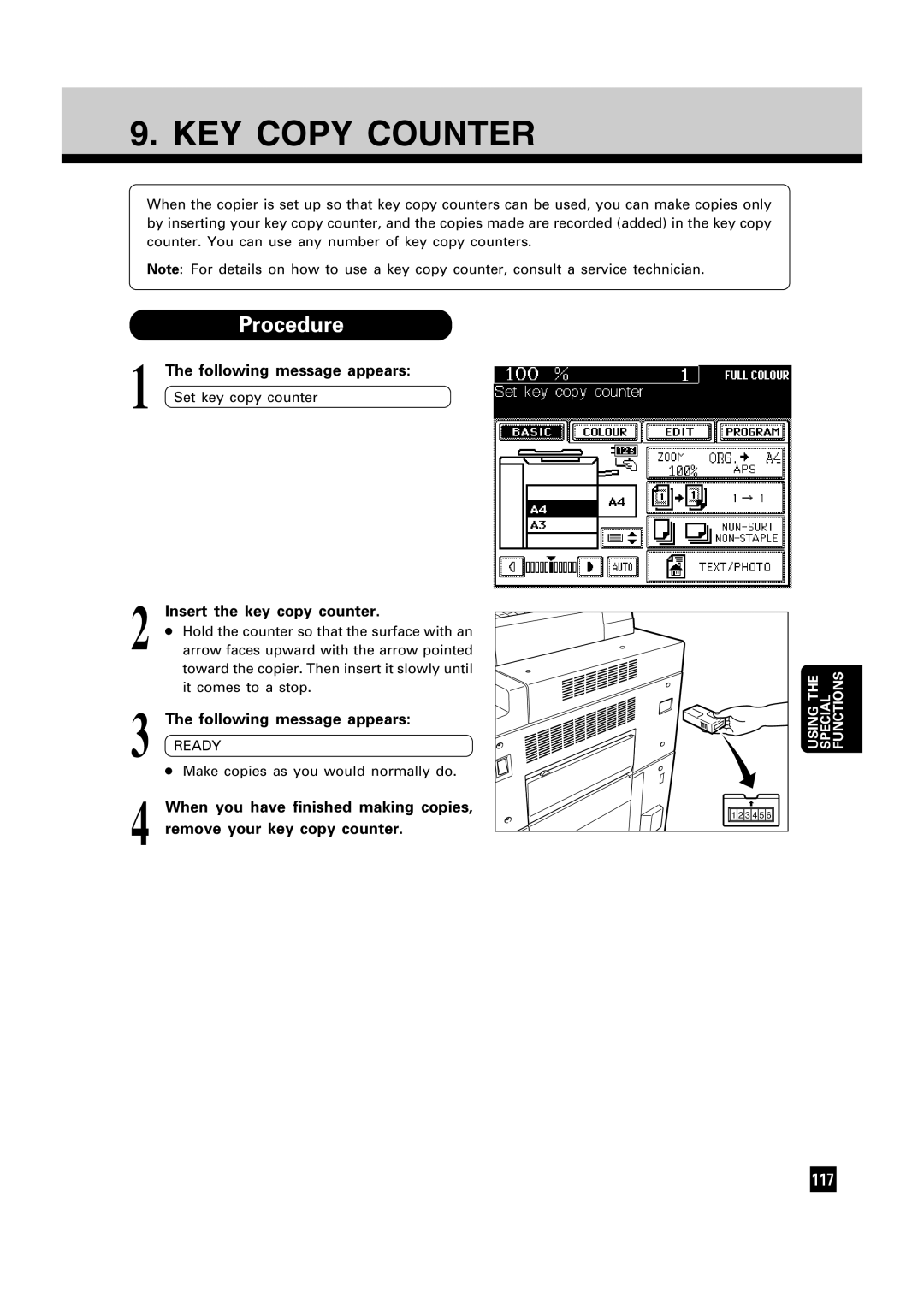 Toshiba FC22, FC15 manual KEY Copy Counter, Insert the key copy counter, Following message appears 