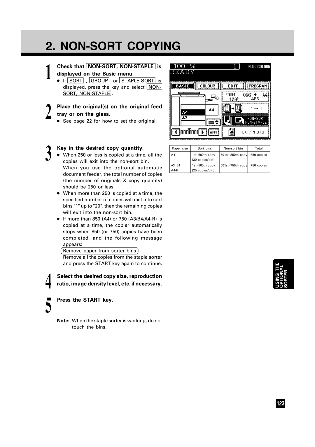 Toshiba FC22, FC15 manual NON-SORT Copying, Key in the desired copy quantity, Ratio, image density level, etc. if necessary 