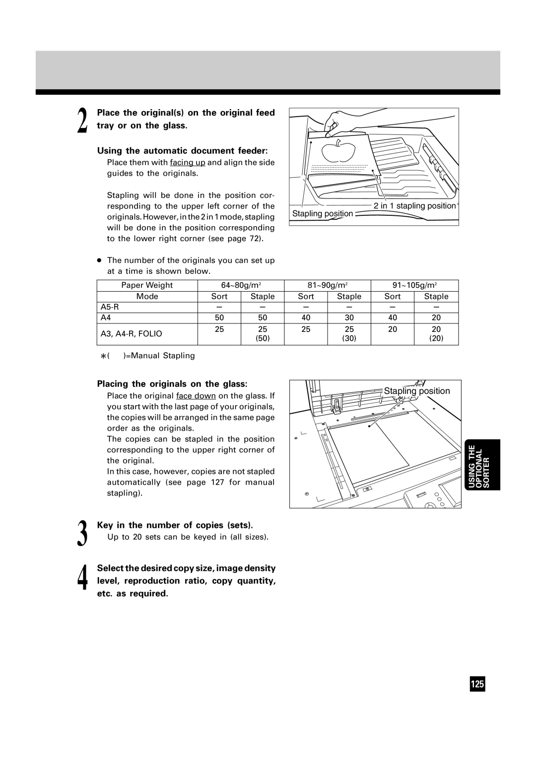 Toshiba FC22, FC15 manual Placing the originals on the glass, Key in the number of copies sets 