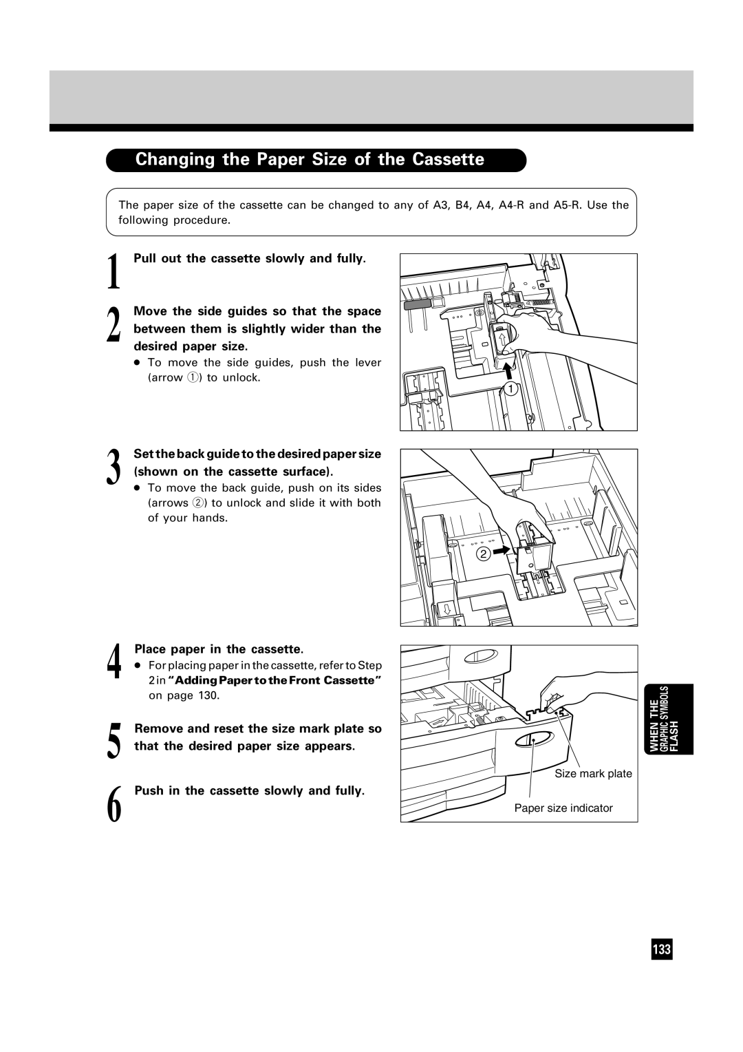 Toshiba FC22, FC15 Changing the Paper Size of the Cassette, Shown on the cassette surface, Place paper in the cassette 