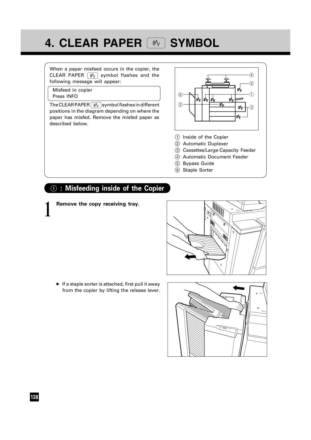 Toshiba FC15, FC22 manual Clear Paper Symbol, Misfeeding inside of the Copier, Remove the copy receiving tray 