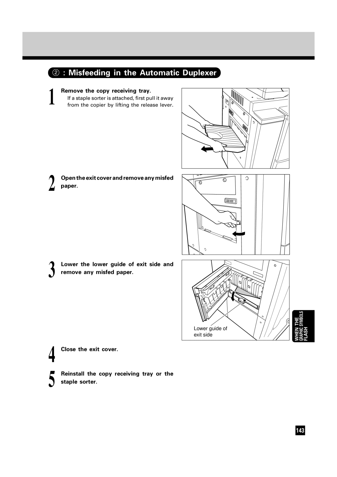 Toshiba FC22, FC15 manual Misfeeding in the Automatic Duplexer, Remove the copy receiving tray 