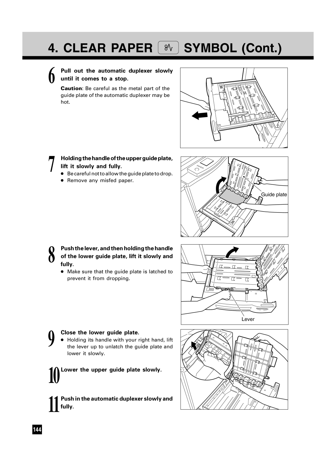 Toshiba FC15, FC22 manual Close the lower guide plate, Push the lever, and then holding the handle 