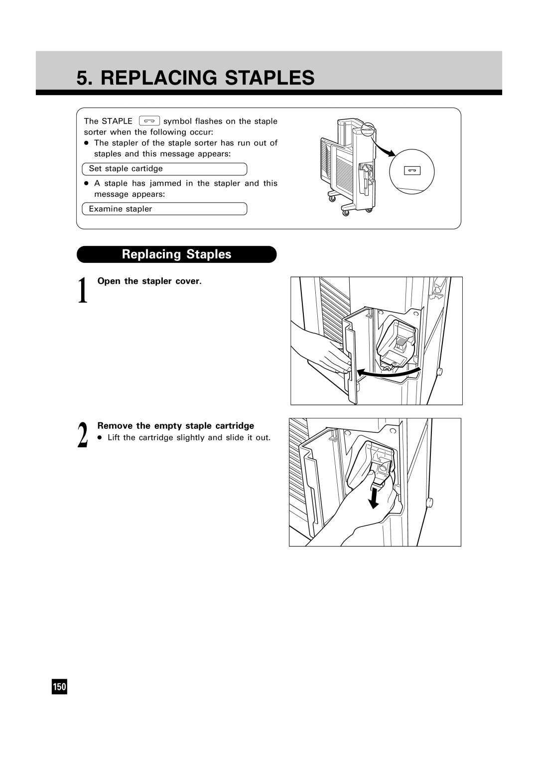 Toshiba FC15, FC22 manual Replacing Staples, Open the stapler cover 