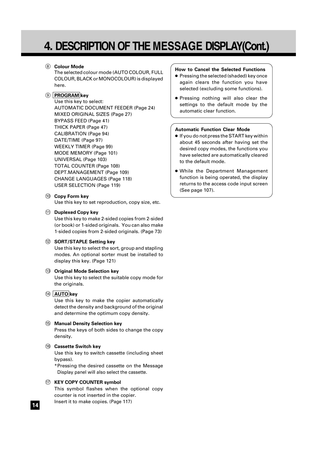 Toshiba FC15, FC22 manual Colour Mode, Program key, Copy Form key, Duplexed Copy key, SORT/STAPLE Setting key, Auto key 