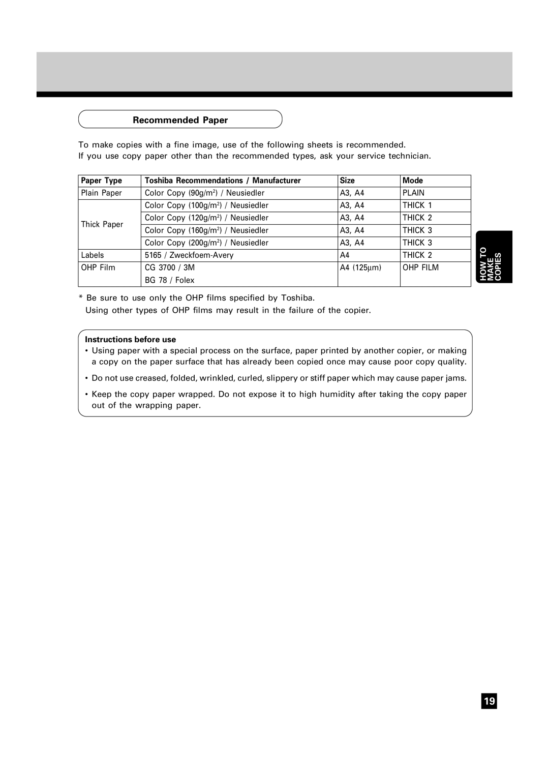 Toshiba FC22, FC15 Recommended Paper, Paper Type Toshiba Recommendations / Manufacturer Size Mode, Instructions before use 