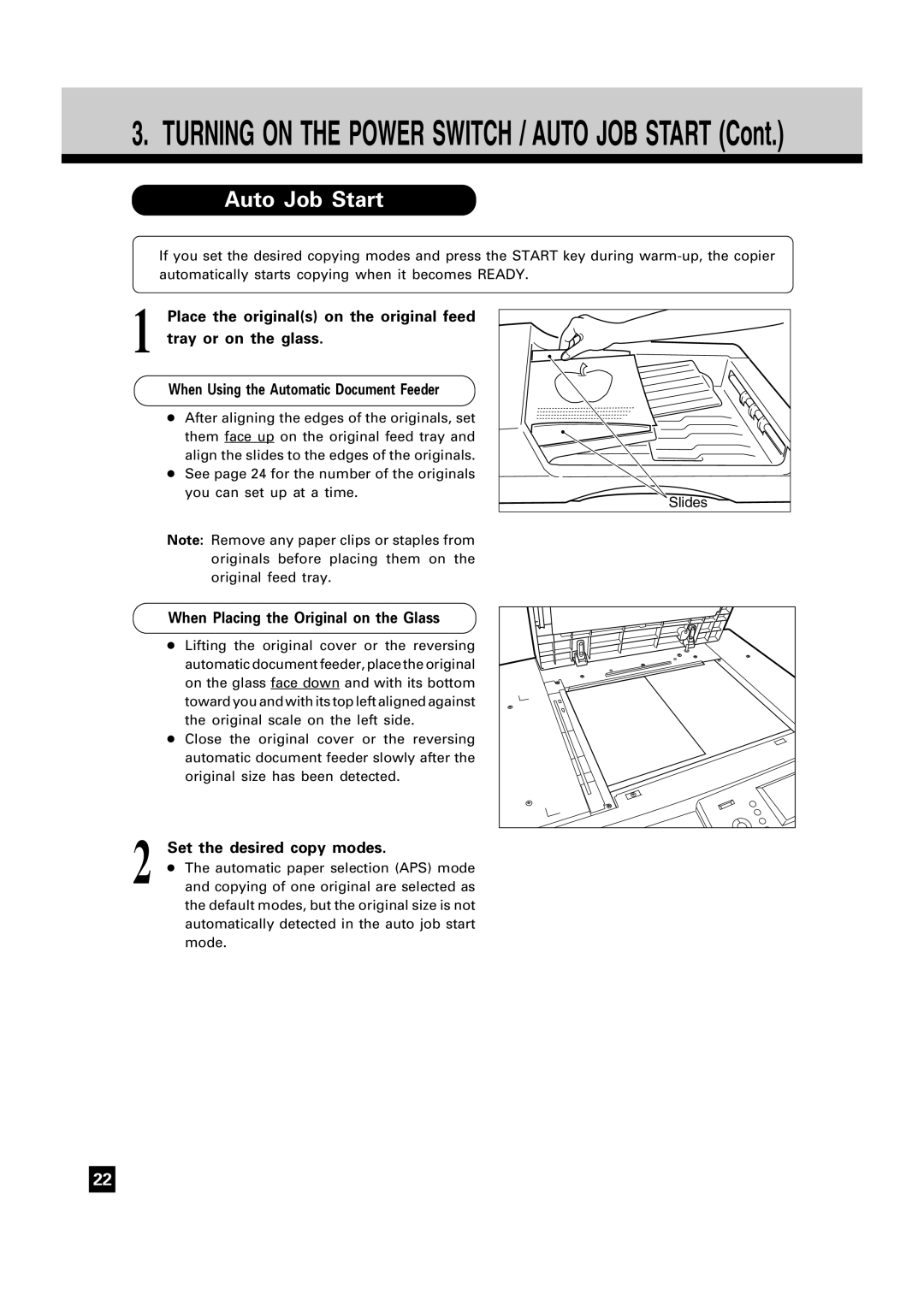 Toshiba FC15, FC22 manual Auto Job Start, When Placing the Original on the Glass, Set the desired copy modes 