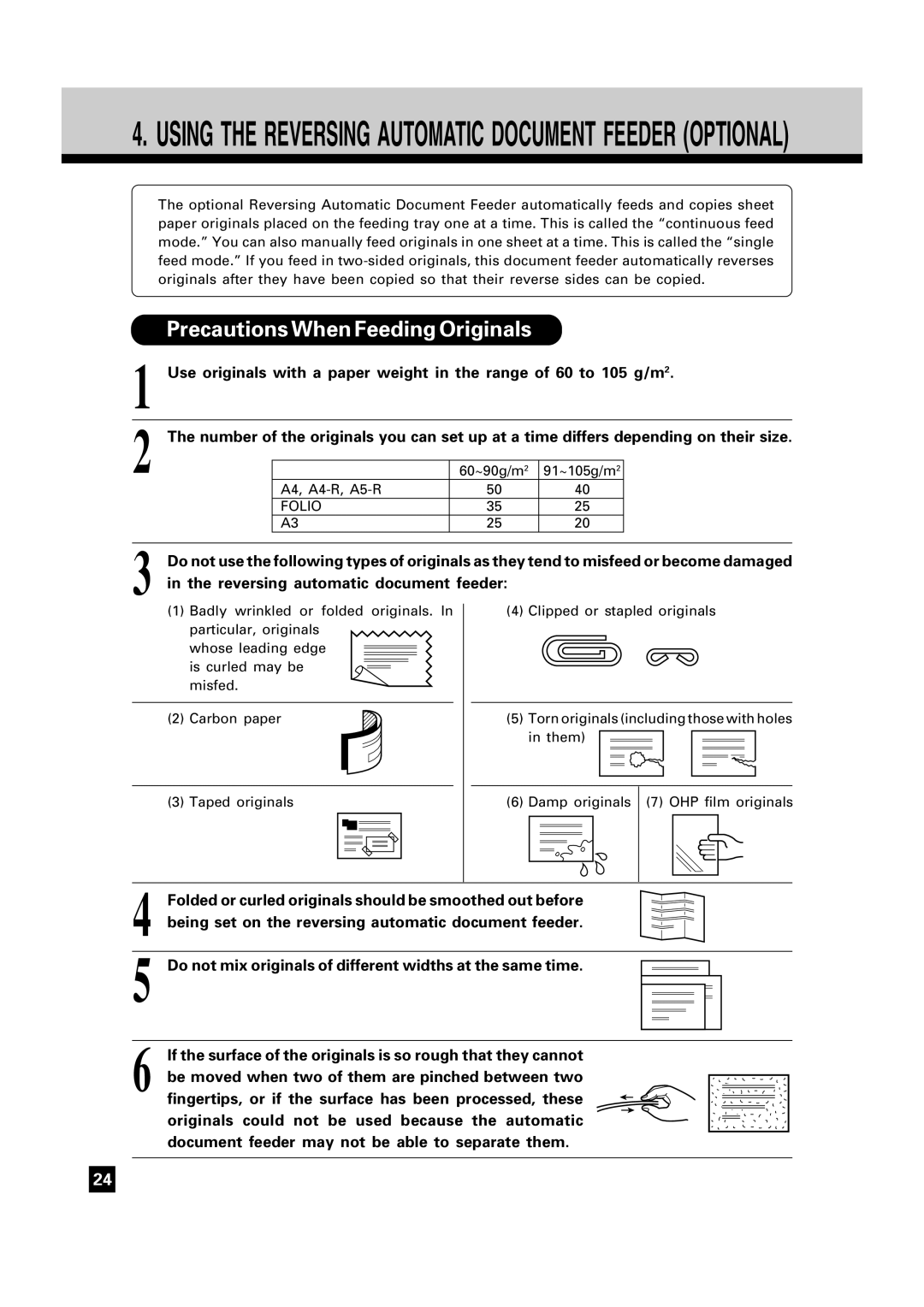 Toshiba FC15, FC22 manual Precautions When Feeding Originals, Reversing automatic document feeder 