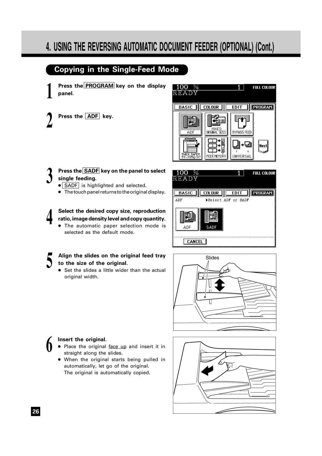 Toshiba FC15, FC22 manual Copying in the Single-Feed Mode, Insert the original 