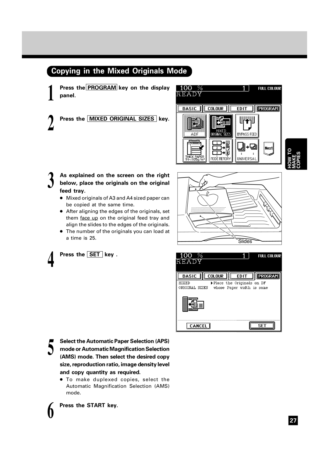 Toshiba FC22, FC15 manual Copying in the Mixed Originals Mode, Set, Key, Copy quantity as required 