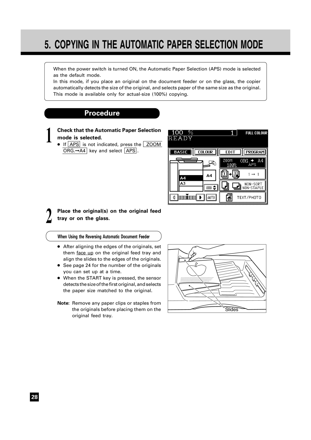 Toshiba FC15, FC22 manual Procedure, Check that the Automatic Paper Selection mode is selected 