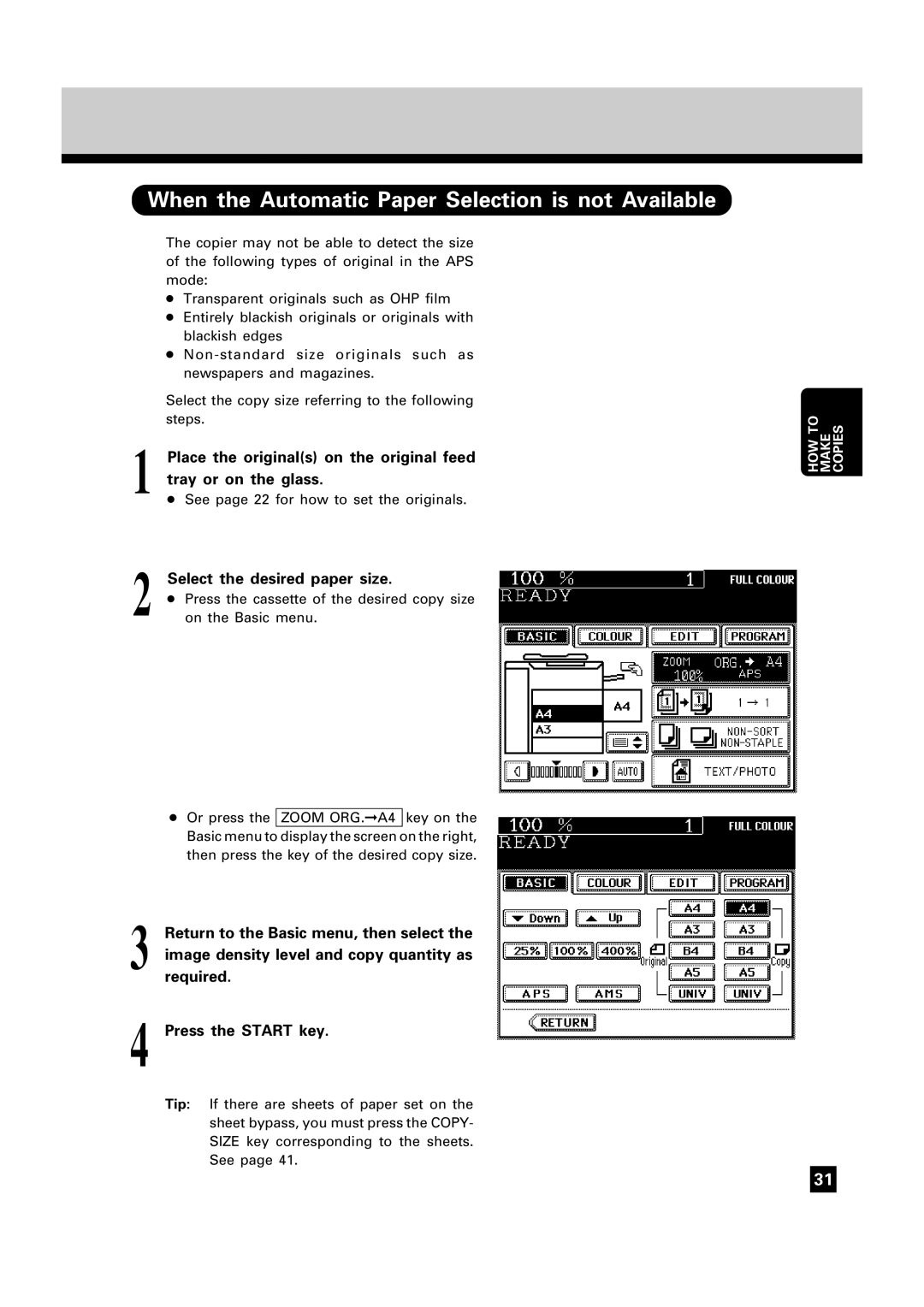 Toshiba FC22, FC15 manual When the Automatic Paper Selection is not Available, Select the desired paper size, Required 