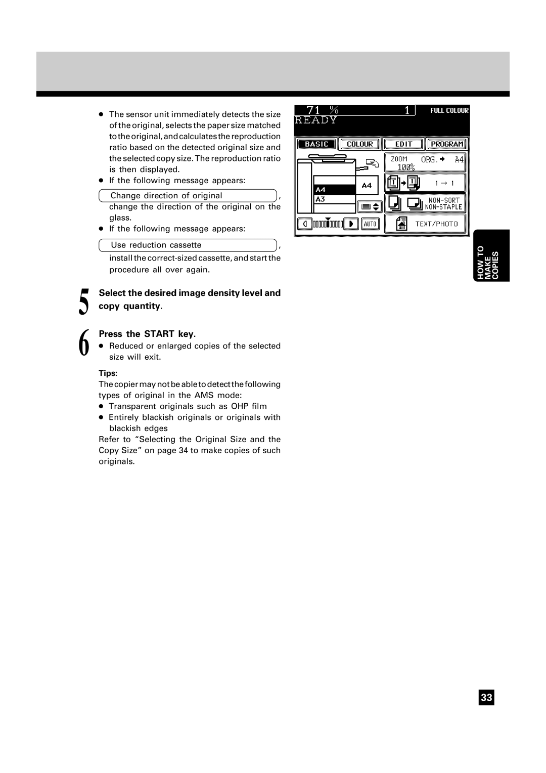 Toshiba FC22, FC15 Copy quantity, Select the desired image density level, Reduced or enlarged copies of the selected, Tips 